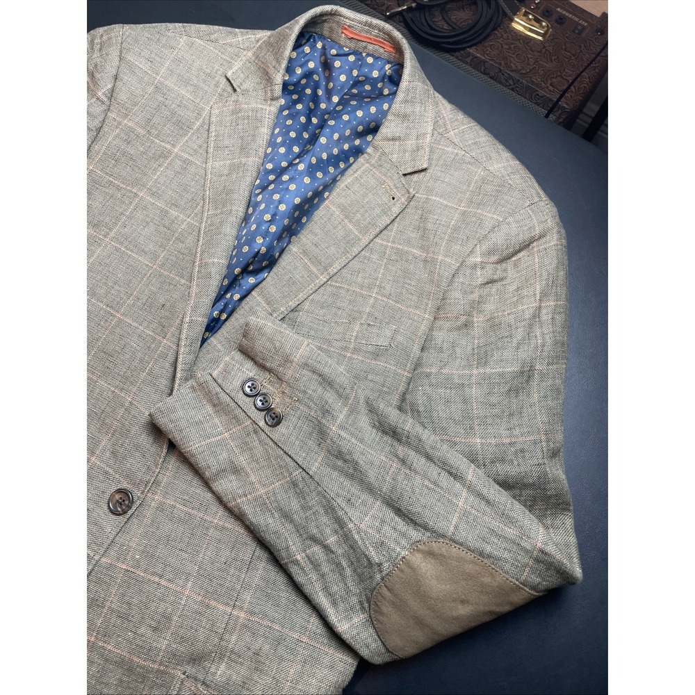 Next 100% Linen Blazer Taupe & Peach Windowpane Slim Fit US 42R  Patch pockets